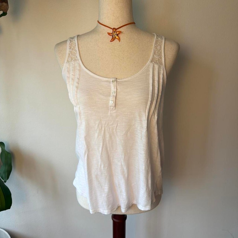 Lucky Brand White Lace Sheer Tank Top Y2K Boho Henley Slub Knit Small